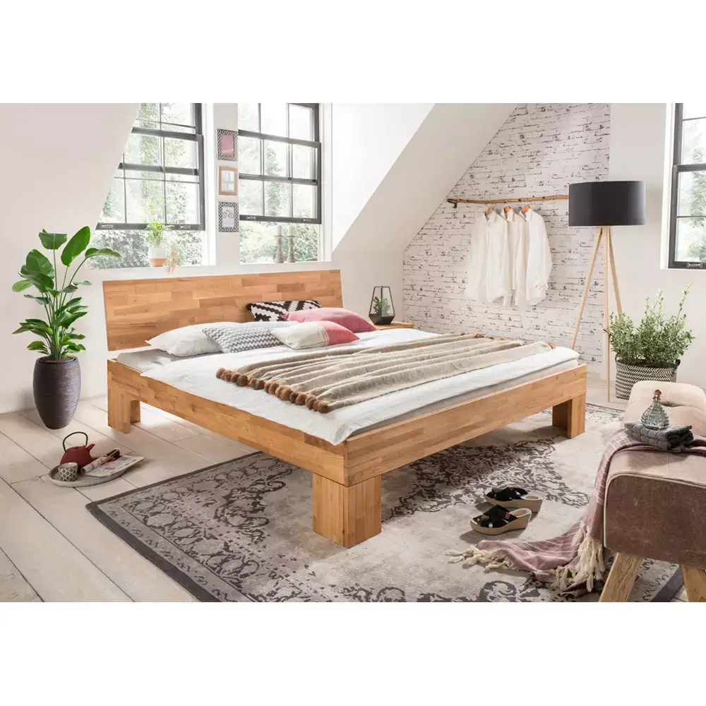 Lomadox 200x200 cm Massivholz Bettgestell mit Rückenkissen inkl. Schwebe-Nachttische NORDDEICH-137 in Wildeiche massiv, B/H/T: ca. 292/88/213 cm Online Shopping
