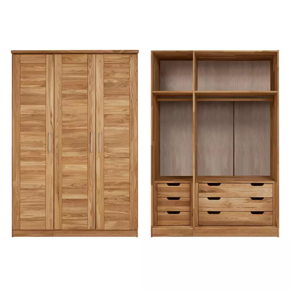 Lomadox 3-türiger Massivholz Kleiderschrank mit Kleiderstange und Schubkasteneinsätzen NORDDEICH-137 in Wildeiche massiv, B/H/T: ca. 143/210/61 cm