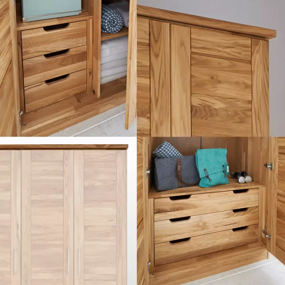 Lomadox 3-türiger Massivholz Kleiderschrank mit Kleiderstange und Schubkasteneinsätzen NORDDEICH-137 in Wildeiche massiv, B/H/T: ca. 143/210/61 cm Black Friday