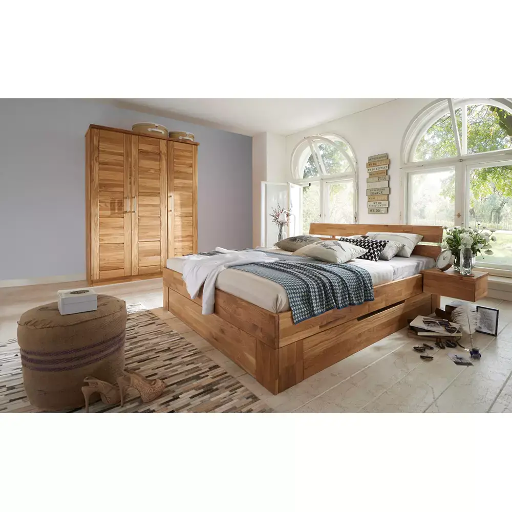 Lomadox 3-türiger Massivholz Kleiderschrank mit Kleiderstange und Schubkasteneinsätzen NORDDEICH-137 in Wildeiche massiv, B/H/T: ca. 143/210/61 cm Black Friday