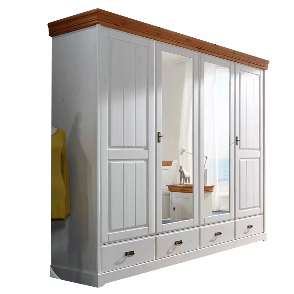 Lomadox 4-türiger Kleiderschrank SAVONA-69 in Kiefer massiv weiß mit honig, B/H/T: ca. 255/217/62 cm
