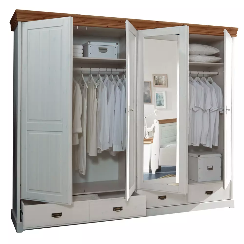 Lomadox 4-türiger Kleiderschrank SAVONA-69 in Kiefer massiv weiß mit honig, B/H/T: ca. 255/217/62 cm Weihnachtsangebot