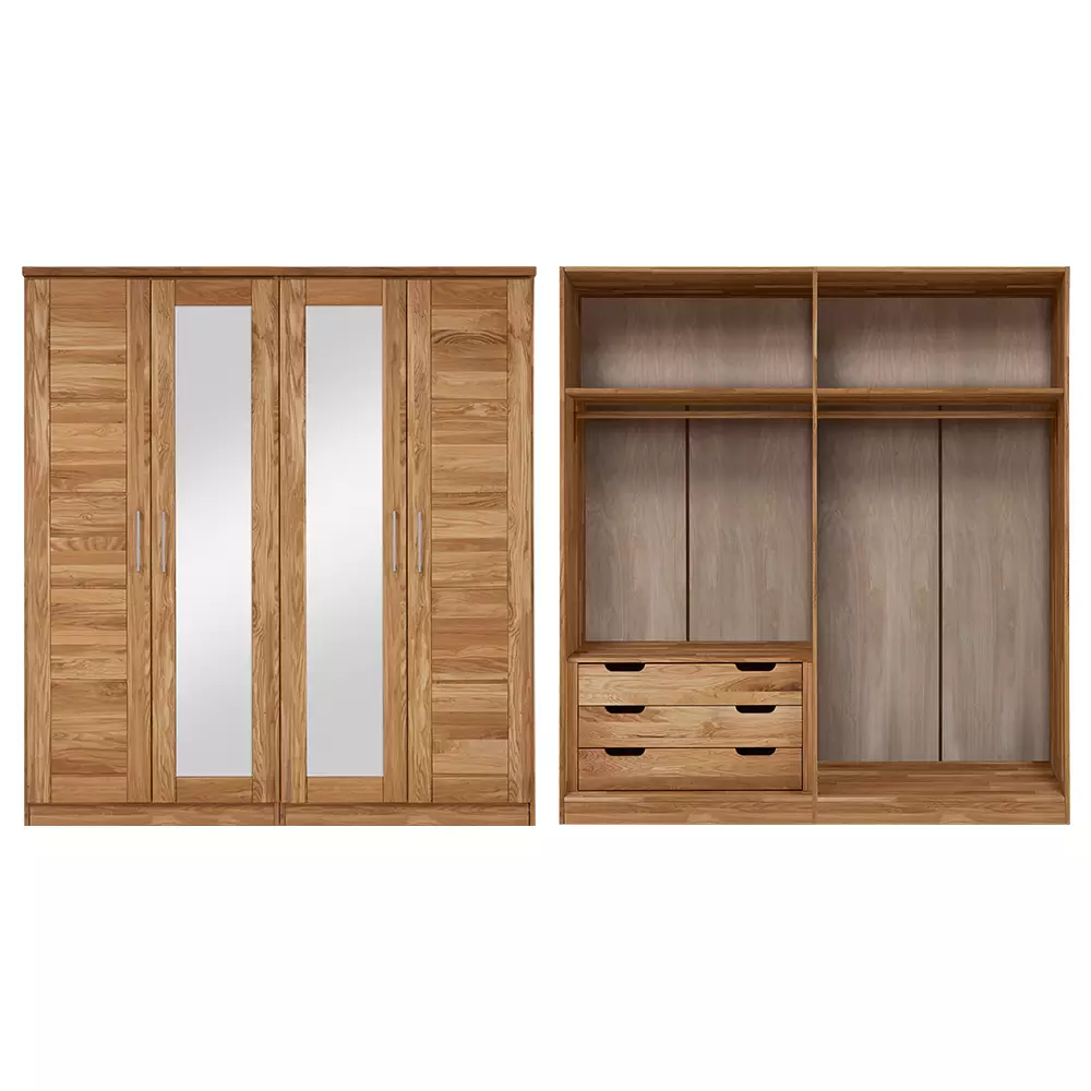 Lomadox 4-türiger Massivholz Kleiderschrank mit Kleiderstange und Schubkasteneinsatz NORDDEICH-137 in Wildeiche massiv, B/H/T: ca. 191/210/61 cm