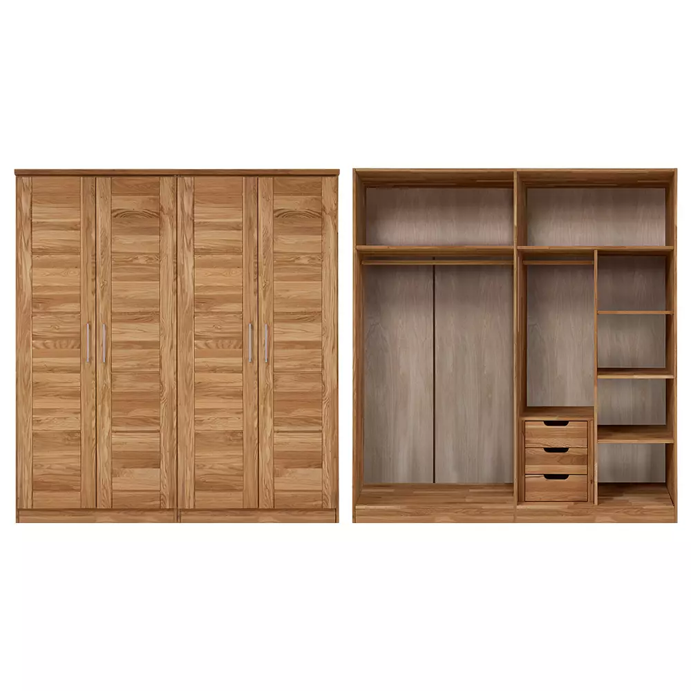 Lomadox 4-türiger Massivholz Kleiderschrank mit Kleiderstange, Schubkasteneinsatz und Einlegeböden NORDDEICH-137 in Wildeiche massiv, B/H/T: ca. 191/210/61 cm
