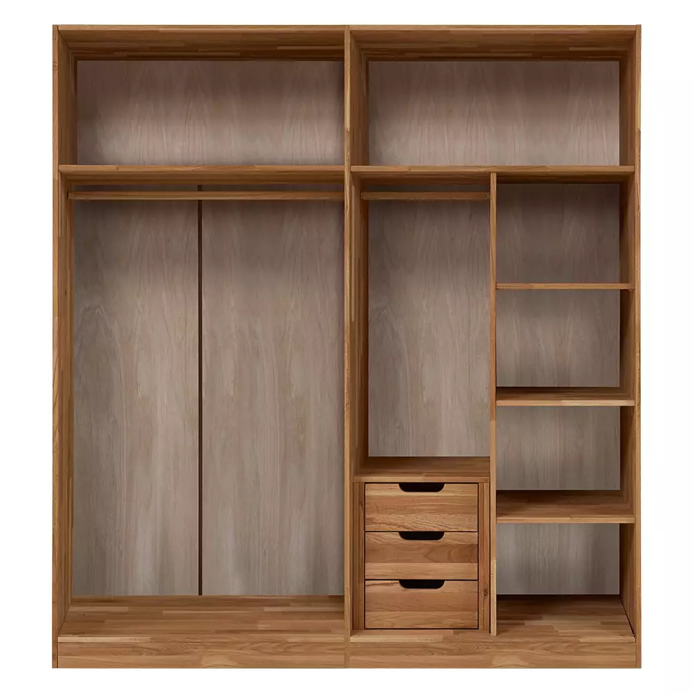 Lomadox 4-türiger Massivholz Kleiderschrank mit Kleiderstange, Schubkasteneinsatz und Einlegeböden NORDDEICH-137 in Wildeiche massiv, B/H/T: ca. 191/210/61 cm Muttertagsangebot