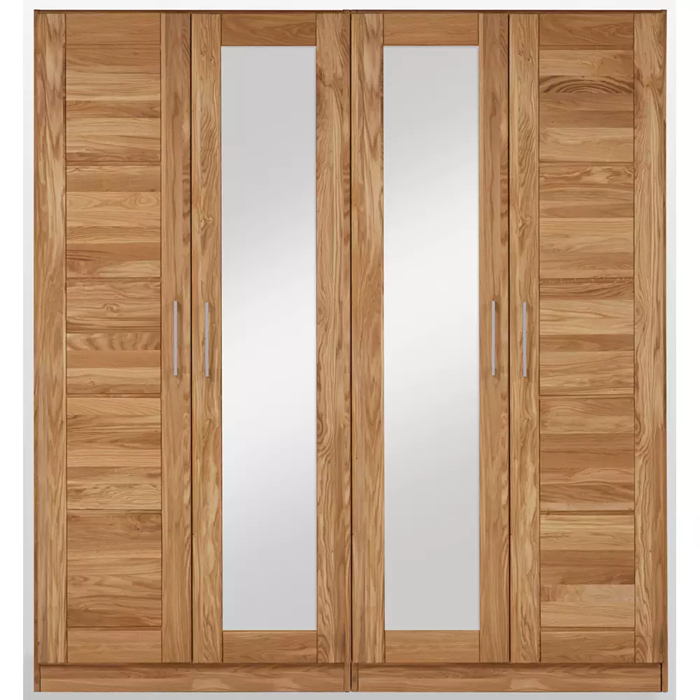 Lomadox 4-türiger Massivholz Kleiderschrank mit Spiegel NORDDEICH-137 in Wildeiche massiv, B/H/T: ca. 191/207/60 cm