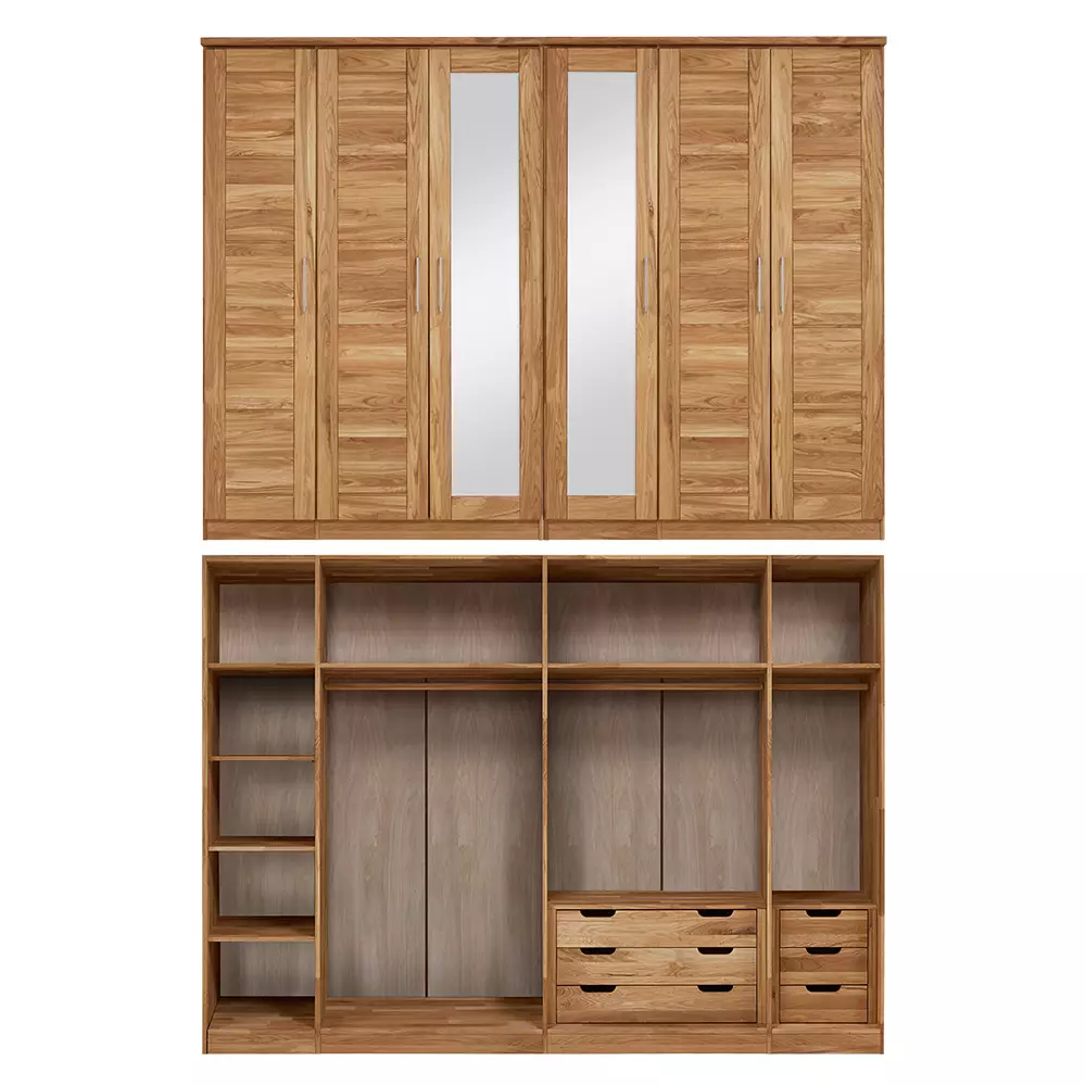 Lomadox 6-türiger Massivholz Kleiderschrank mit Kleiderstange, Schubkasteneinsätzen und Einlegeböden NORDDEICH-137 in Wildeiche massiv, B/H/T: ca. 285/210/61 cm