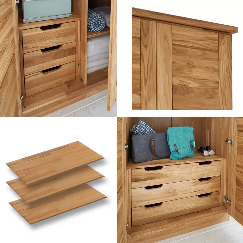 Lomadox 6-türiger Massivholz Kleiderschrank mit Kleiderstange, Schubkasteneinsätzen und Einlegeböden NORDDEICH-137 in Wildeiche massiv, B/H/T: ca. 285/210/61 cm Jubiläumsangebot