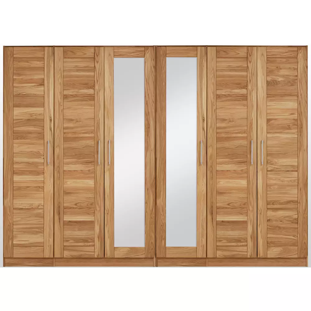 Lomadox 6-türiger Massivholz Kleiderschrank mit Spiegel NORDDEICH-137 in Wildeiche massiv, B/H/T: ca. 285/207/60 cm