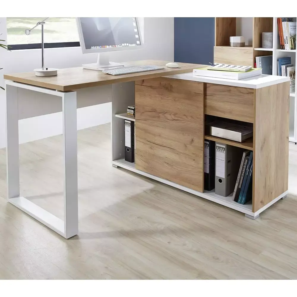 Lomadox Büro Eck-Winkelschreibtisch mit integriertem Sideboard GENT-01 in Navarra Eiche Nb. und weiß BxHxT ca. 120x75x117cm