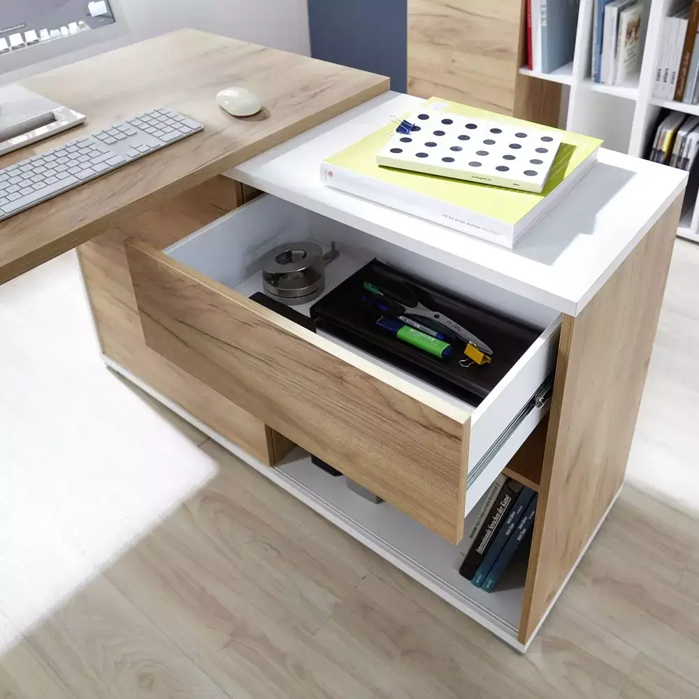 Lomadox Büro Eck-Winkelschreibtisch mit integriertem Sideboard GENT-01 in Navarra Eiche Nb. und weiß BxHxT ca. 120x75x117cm Online Outlet