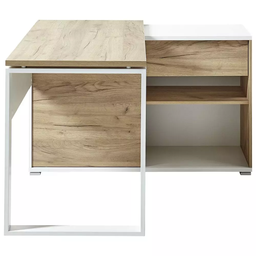 Lomadox Büro Eck-Winkelschreibtisch mit integriertem Sideboard GENT-01 in Navarra Eiche Nb. und weiß BxHxT ca. 120x75x117cm Online Outlet