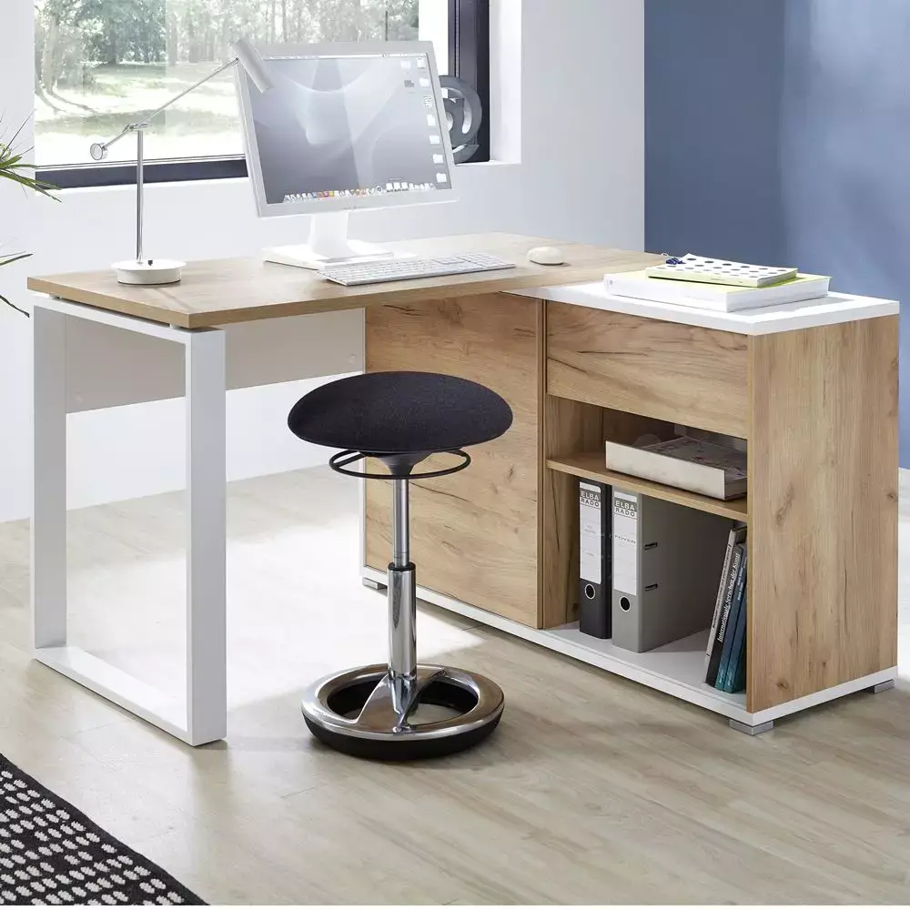 Lomadox Büro Eck-Winkelschreibtisch mit integriertem Sideboard GENT-01 in Navarra Eiche Nb. und weiß BxHxT ca. 120x75x117cm Online Outlet