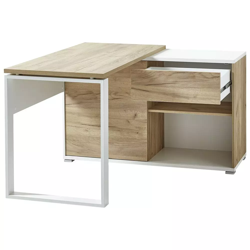 Lomadox Büro Eck-Winkelschreibtisch mit integriertem Sideboard GENT-01 in Navarra Eiche Nb. und weiß BxHxT ca. 120x75x117cm Online Outlet