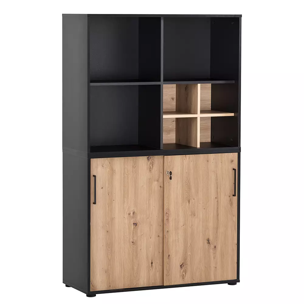 Lomadox Aktenschrank (3-teilig) in schwarz matt mit Eiche, ALNWICK-80