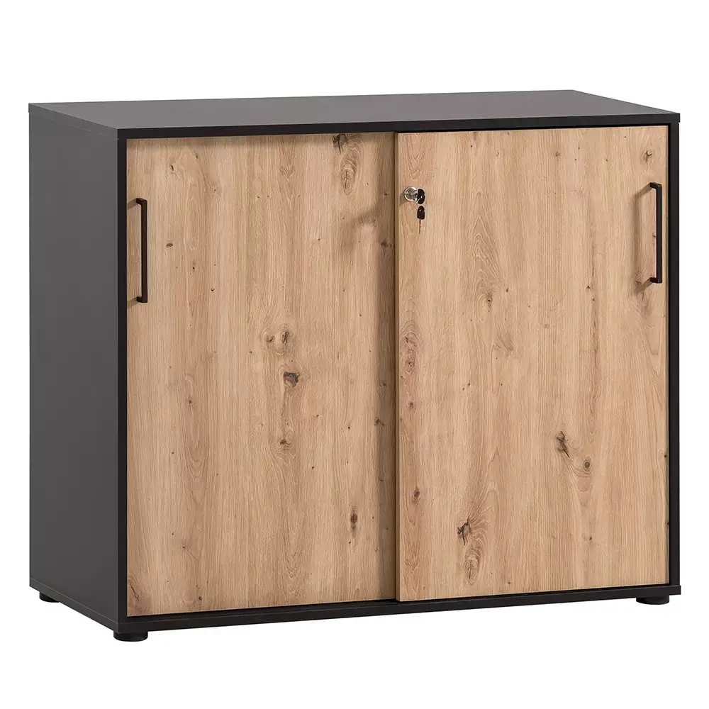 Lomadox Aktenschrank 100cm, schwarz matt mit Eiche, ALNWICK-80