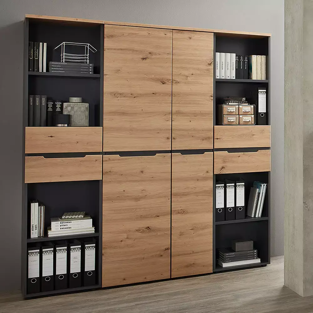 Lomadox Aktenschrank 2-türig, 75cm breit, graphit mit Eiche, MANRESA-36 Bis zu 50% Rabatt