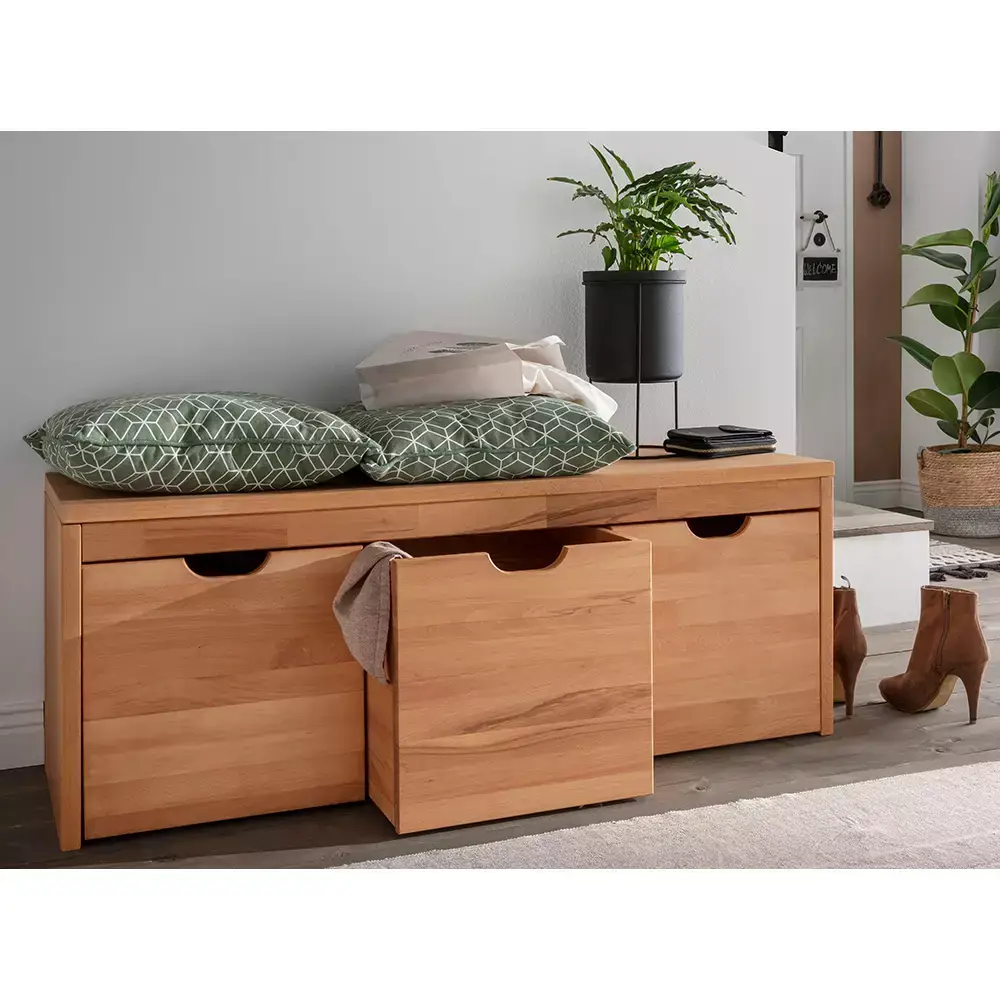 Lomadox Flurbank 120 cm 3 Schubkästen Buche massiv CUENCA-137