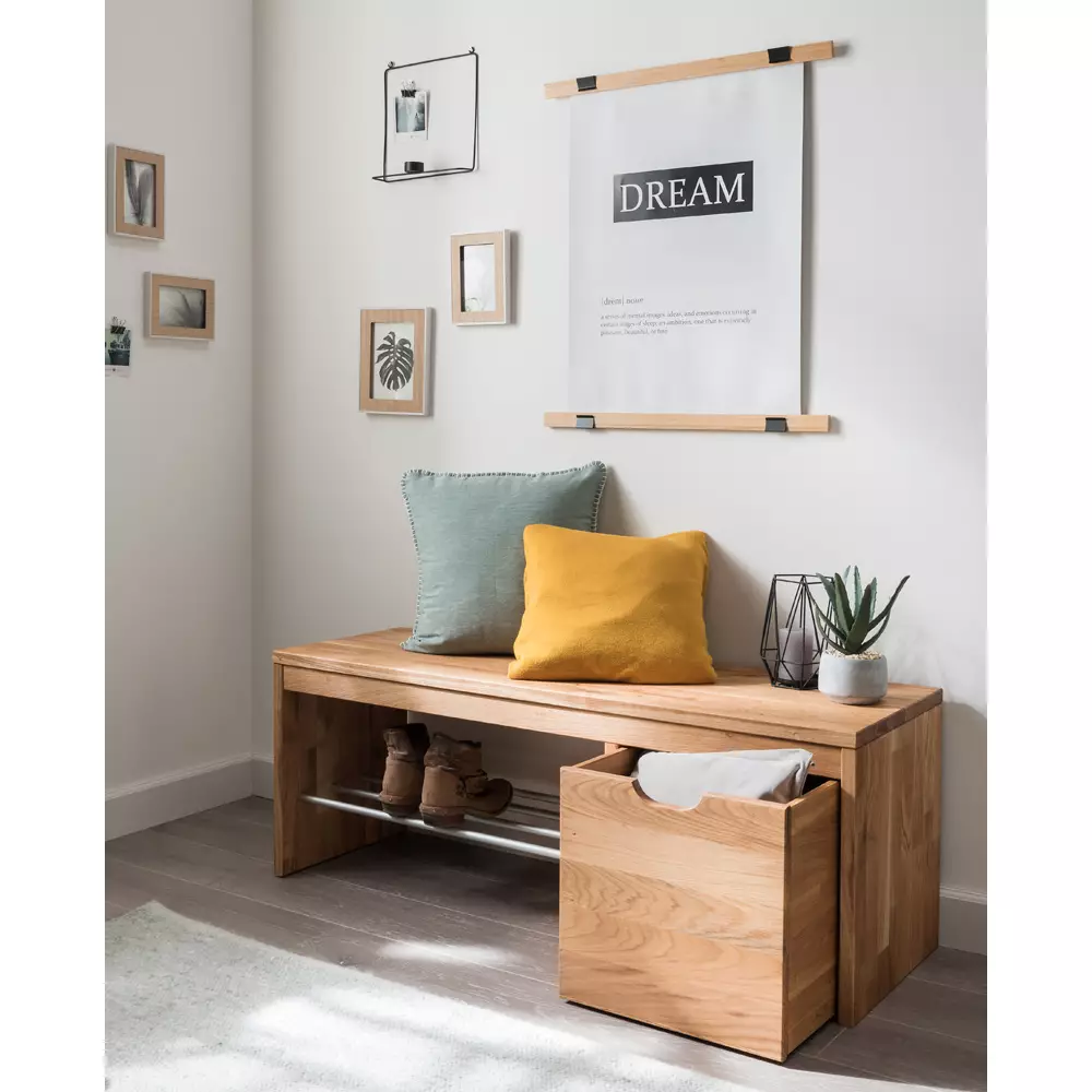 Lomadox Flurbank Massivholz 120 cm Schubkasten Schuhablage Eiche massiv CUENCA-137