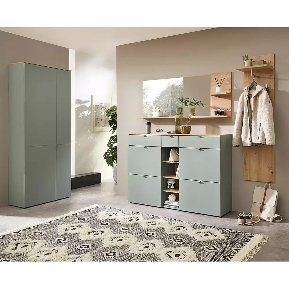 Lomadox Flurgarderobe 4-teilig grün matt mit Eiche BLISS-36
