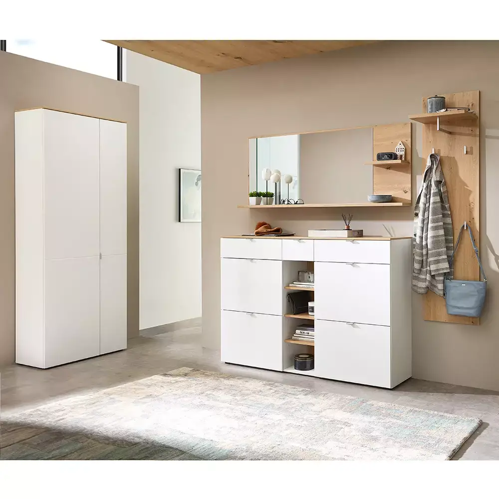 Lomadox Flurgarderobe 4-teilig mit Flurschrank weiß matt mit Eiche BLISS-36