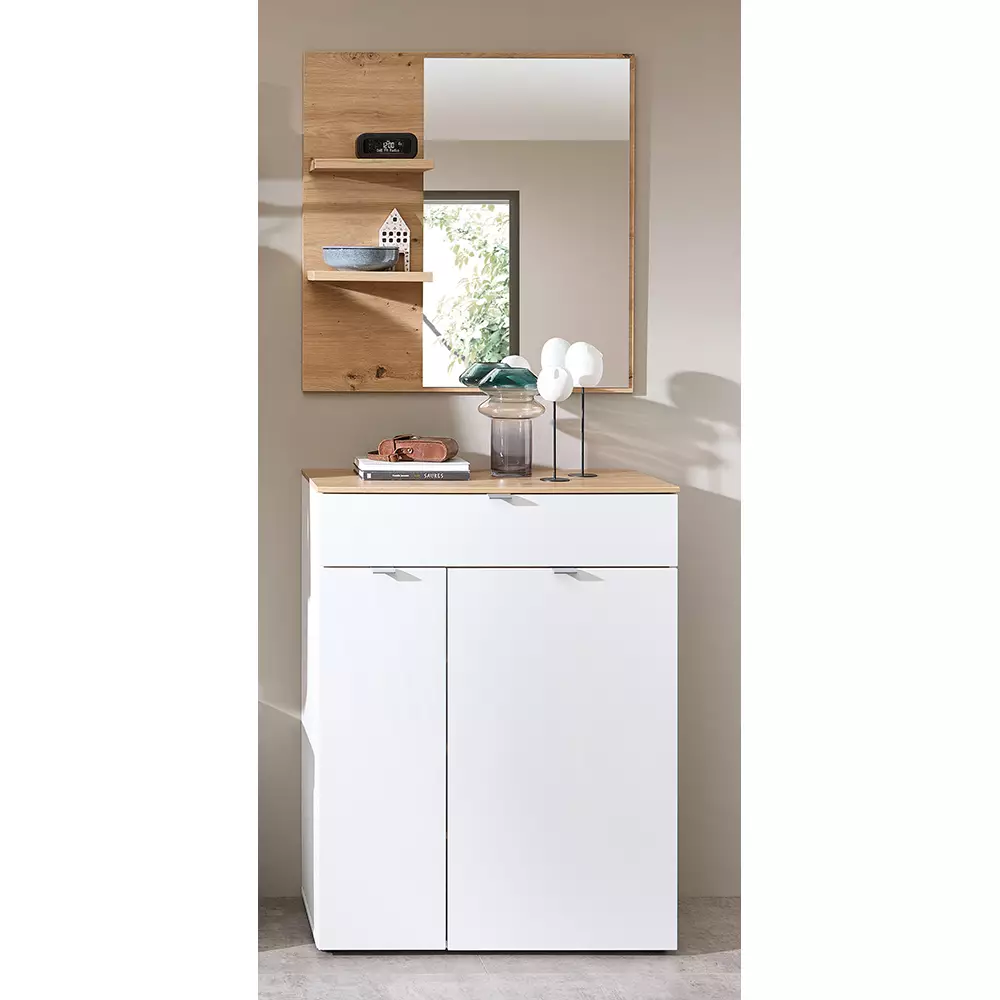 Lomadox Flurkommode und Garderobenspiegel weiß matt mit Eiche BLISS-36