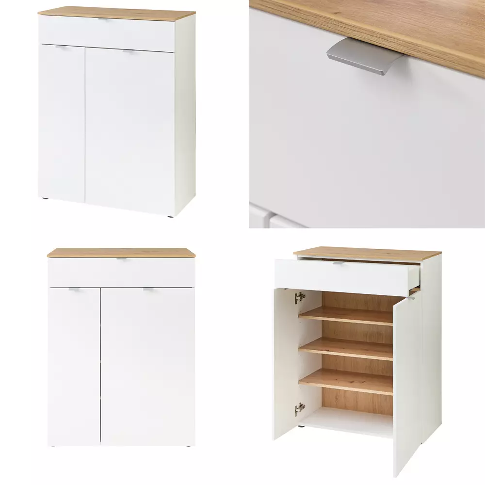 Lomadox Flurkommode und Garderobenspiegel weiß matt mit Eiche BLISS-36 Outlet