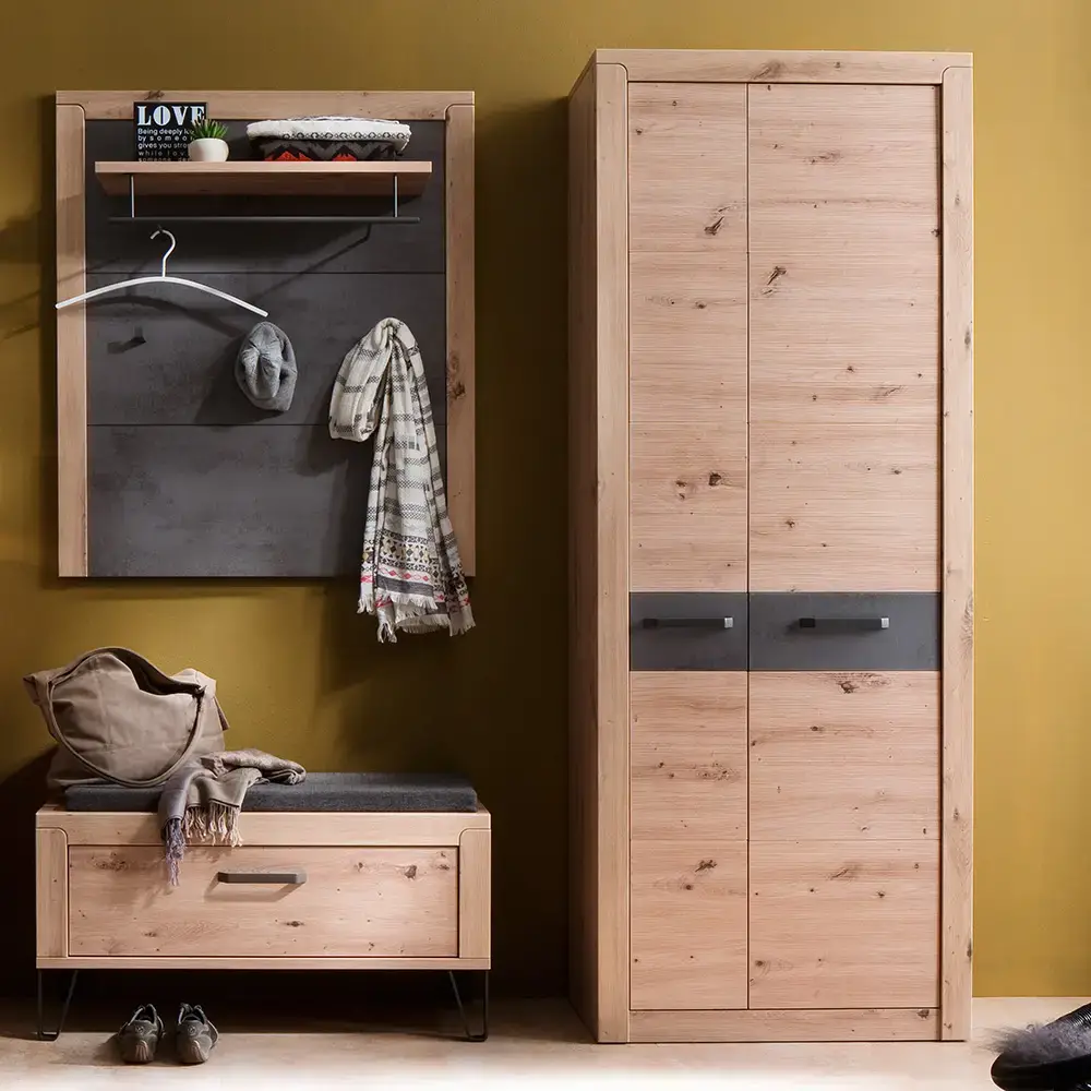 Lomadox Flurmöbel Set modern mit Garderobenschrank Eiche mit grau IOLA-05, 3-teilig