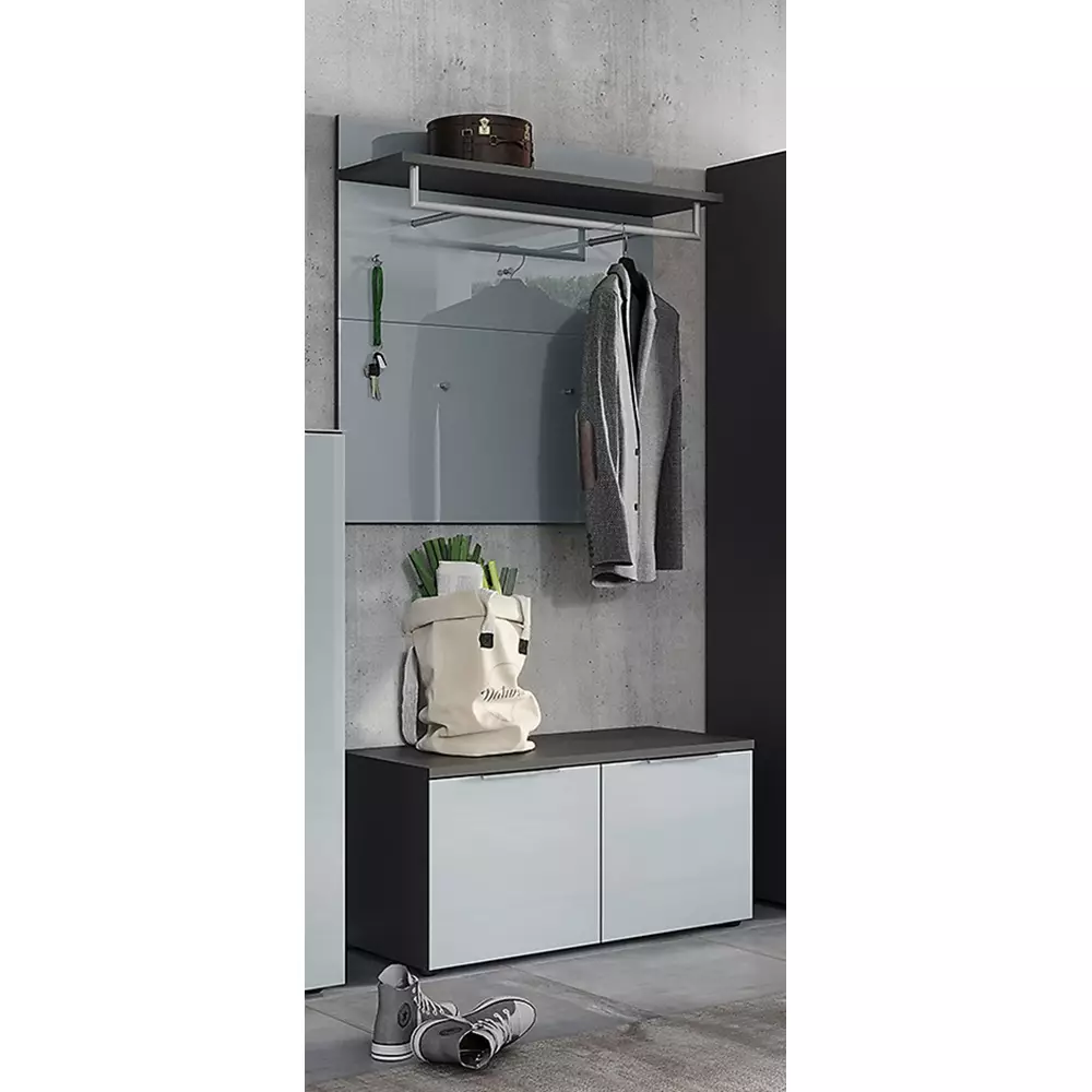 Lomadox Flurmöbel Set Schuhbank und Garderobenpaneel graphit Glasfront grau GENEVA-01