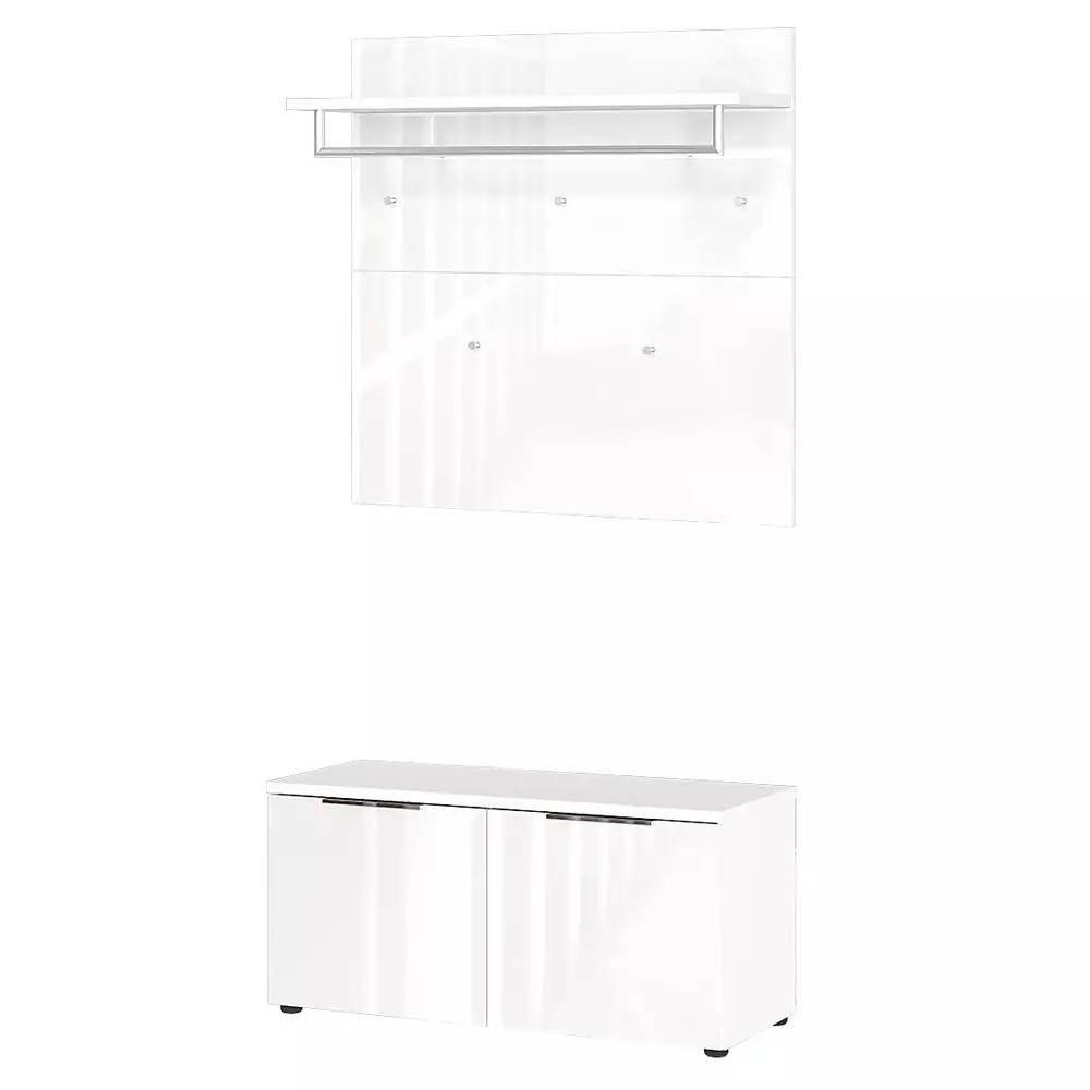 Lomadox Flurmöbel Set Schuhbank und Garderobenpaneel weiß mit Glasfront GENEVA-01
