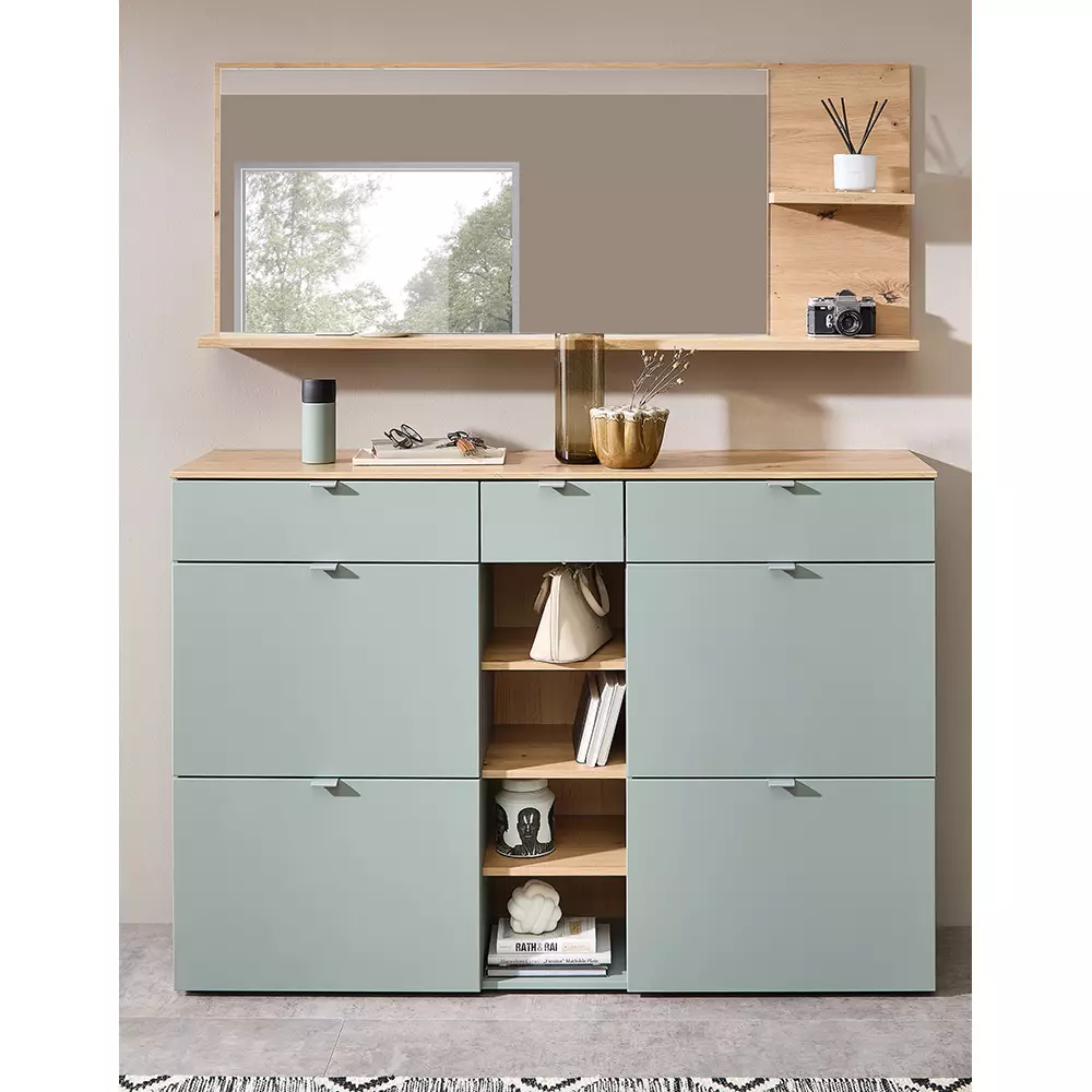 Lomadox Flurmöbel Set Spiegel mit Ablagen und Schuhschrank grün matt mit Eiche BLISS-36