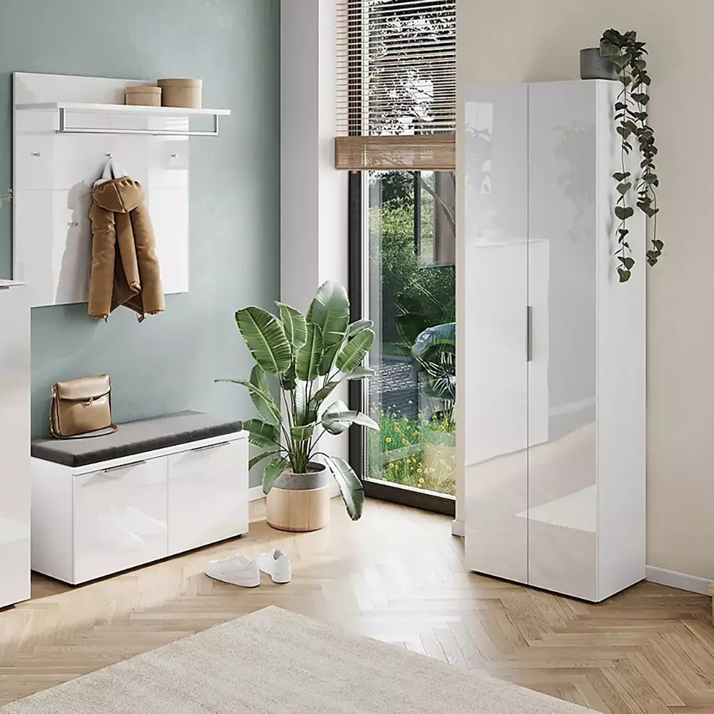Lomadox Flurmöbel Set weiß mit Glasfronten 3-teilig inkl. Sitzpolster GENEVA-01