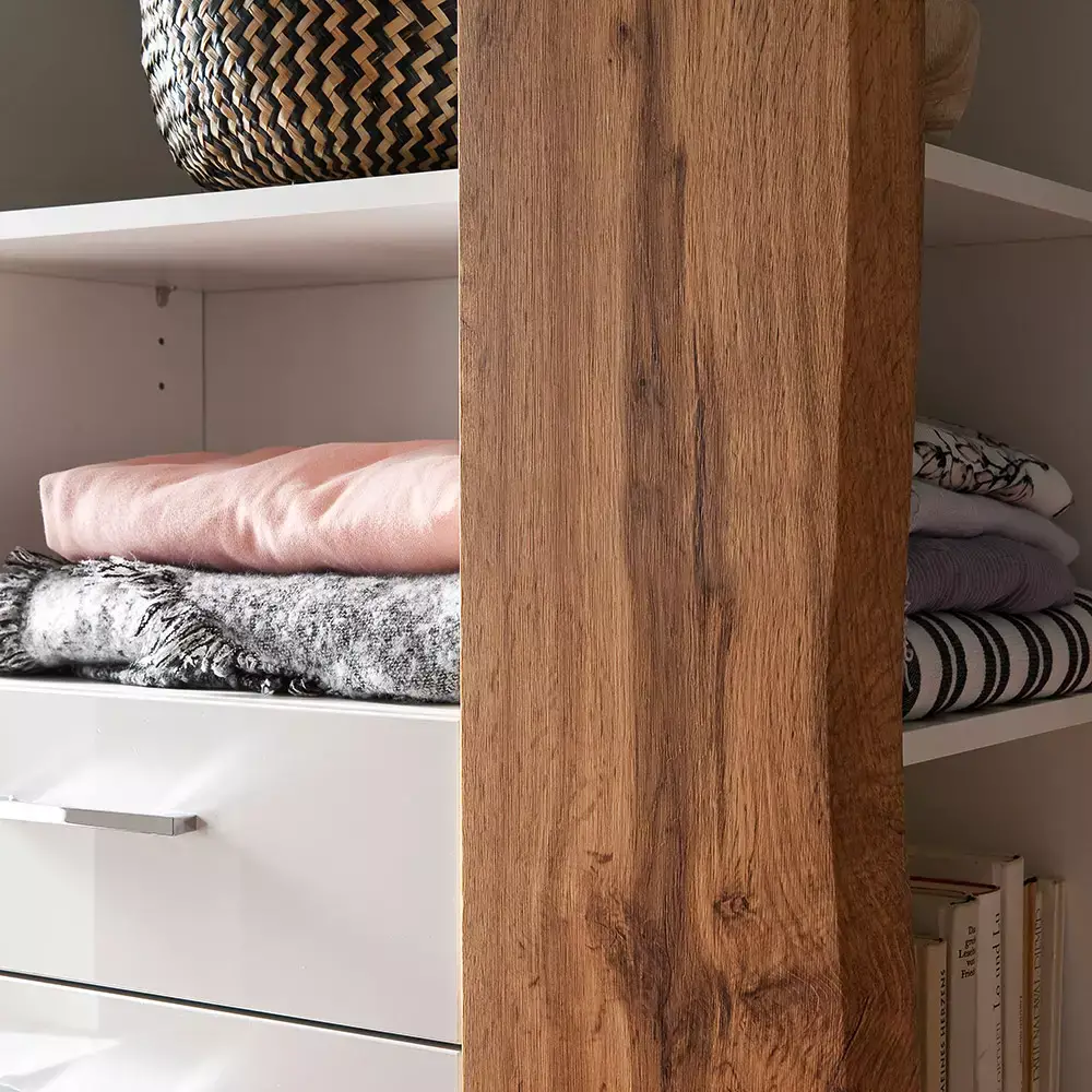 Lomadox Flurschrank Regal, weiß Hochglanz mit Eiche, GUARDA-05 Begrenztes Angebot