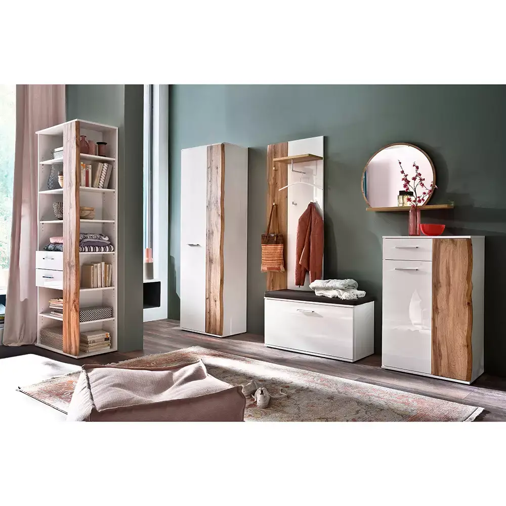 Lomadox Flurschrank Regal, weiß Hochglanz mit Eiche, GUARDA-05 Begrenztes Angebot