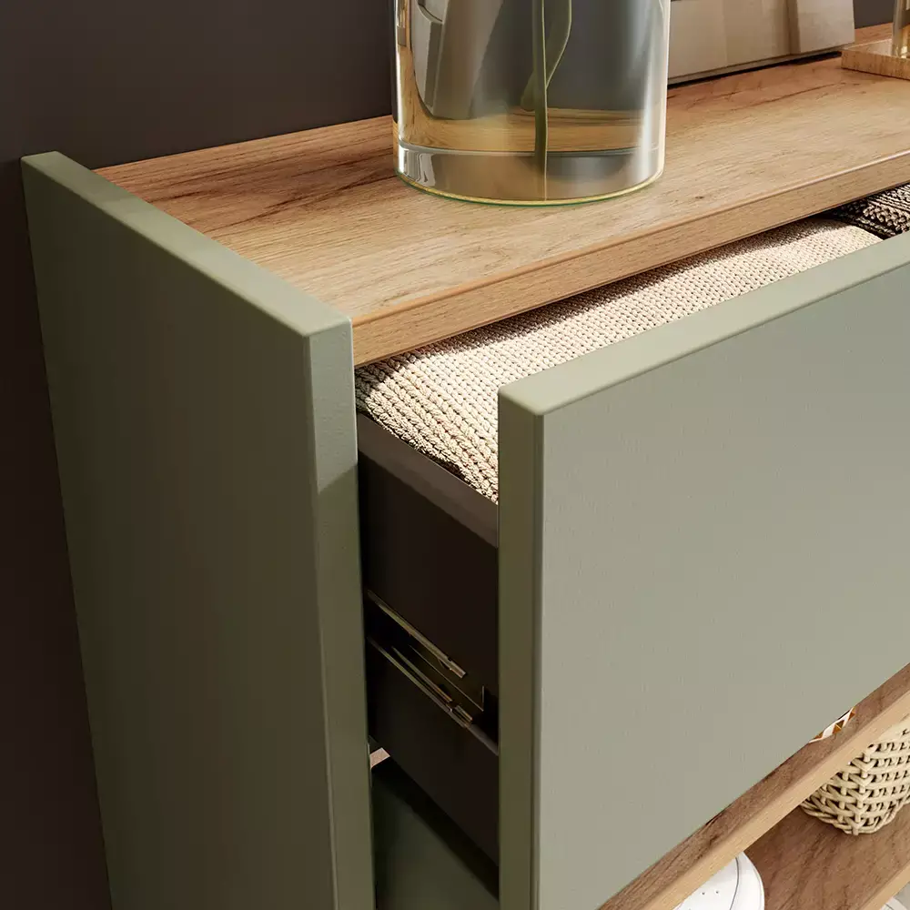 Lomadox Flurschrank Schuhschrank 110cm in grün mit Eiche ABERDEEN-01 ideal für schmale Flure, B/H/T ca. 110/57/22 cm Exklusivangebot