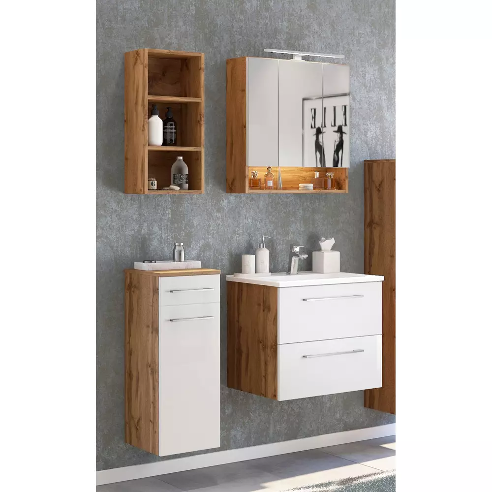 Lomadox Badezimmer Set 4-tlg. mit Beleuchtung und Waschbecken LOUNY-03 in Wotaneiche Nb. mit matt weiß, B/H/T: ca. 110/200/48 cm