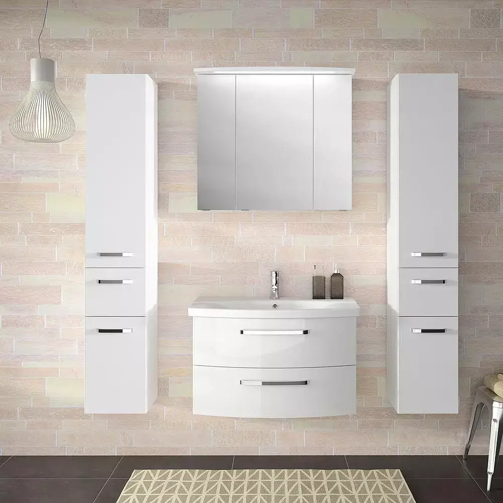 Lomadox Badezimmer Set in Hochglanz weiß FES-4010-60 mit 80cm Keramik Waschtisch, Spiegelschrank inkl. LED & 2 Hochschränke