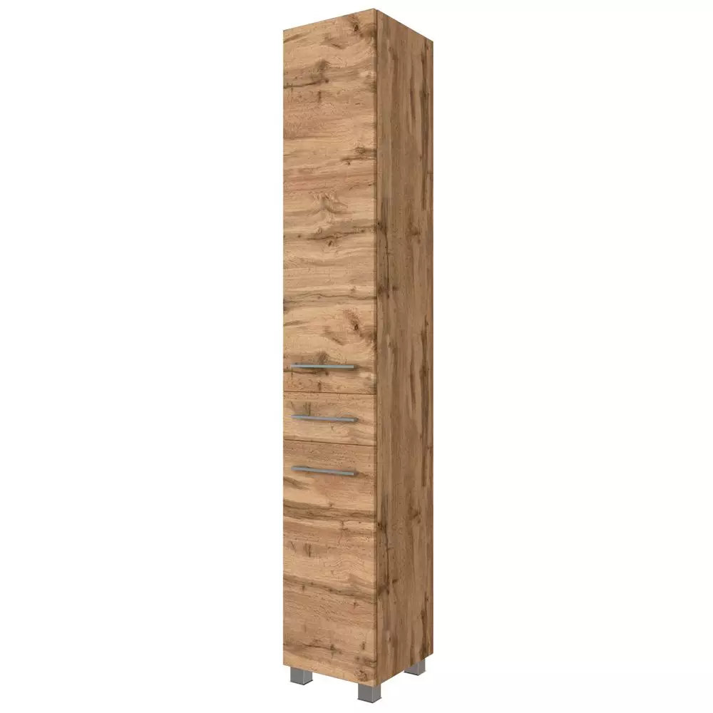 Lomadox Badmöbel Hochschrank LOUNY-03 in Wotaneiche Nb., B/H/T: ca. 30/180/35 cm Lagerräumung
