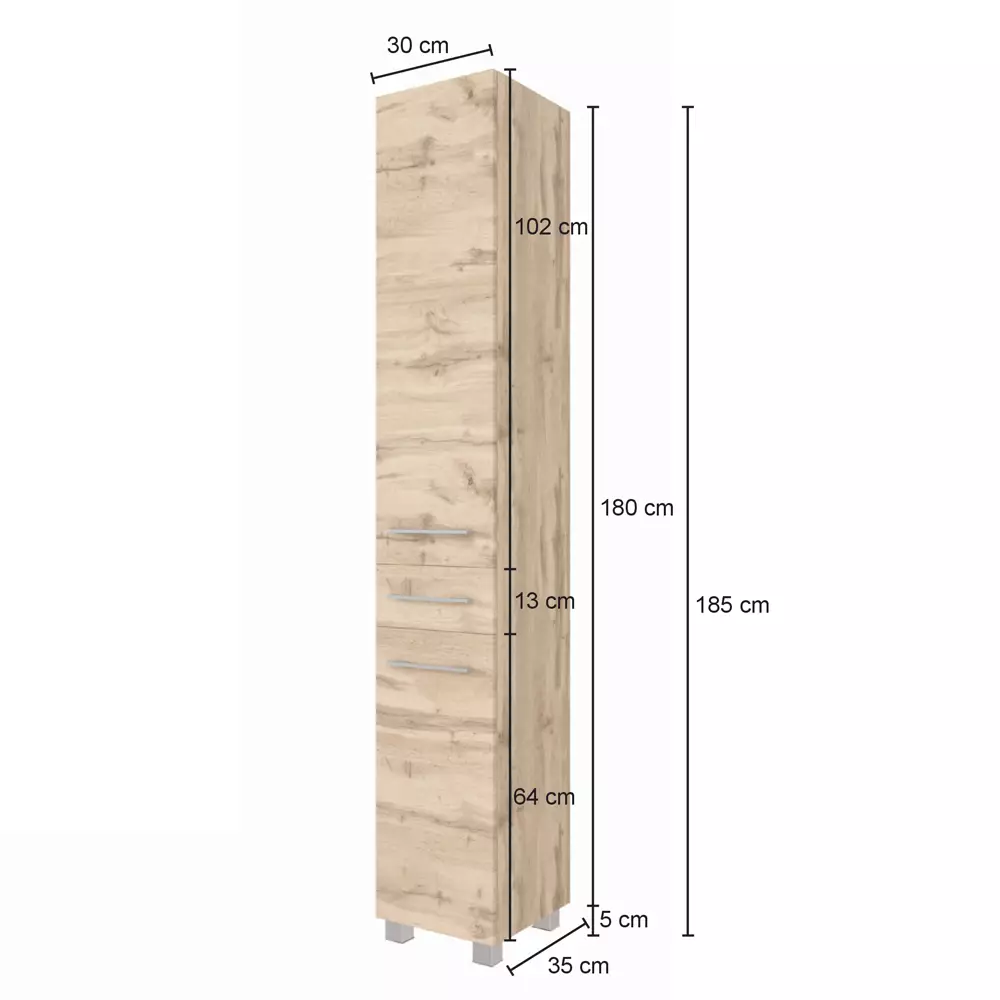Lomadox Badmöbel Hochschrank LOUNY-03 in Wotaneiche Nb., B/H/T: ca. 30/180/35 cm Lagerräumung