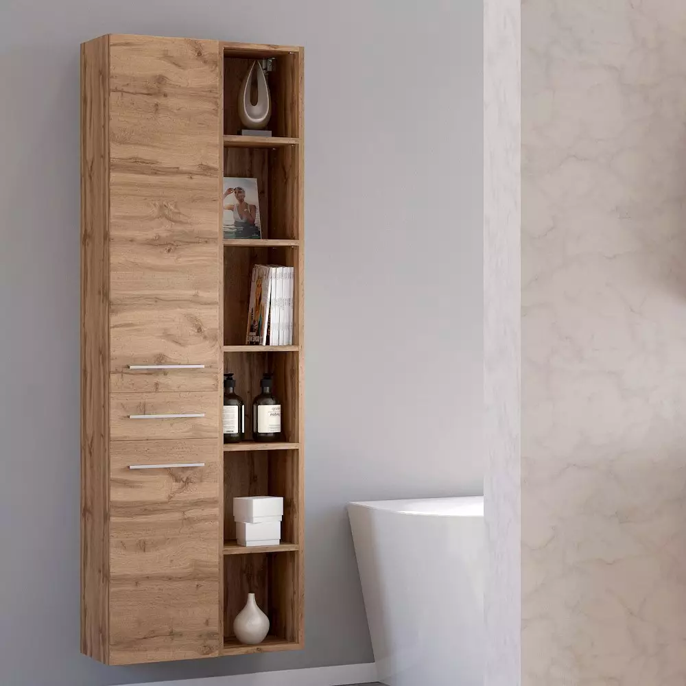 Lomadox Badmöbel Hochschrank LOUNY-03 in Wotaneiche Nb., B/H/T: ca. 30/180/35 cm Lagerräumung