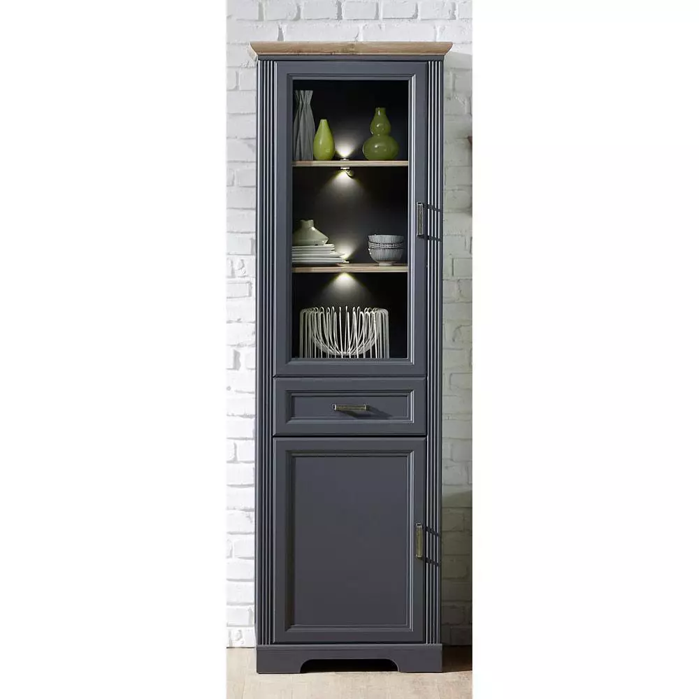 Lomadox Landhaus Vitrine schmal JÜLICH-36 inkl. LED in Graphit und Artisan Eiche Nb. B/H/T 66/204/42 cm