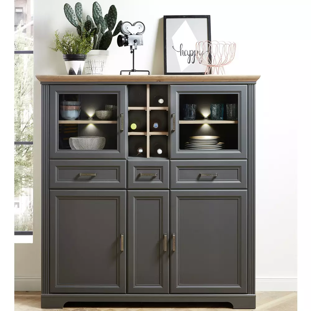 Lomadox Großes Landhaus Highboard JÜLICH-36 im Dekor Graphit und Deckplatte Artisan Eiche Nb. inkl. LED B/H/T: 143/150/42 cm