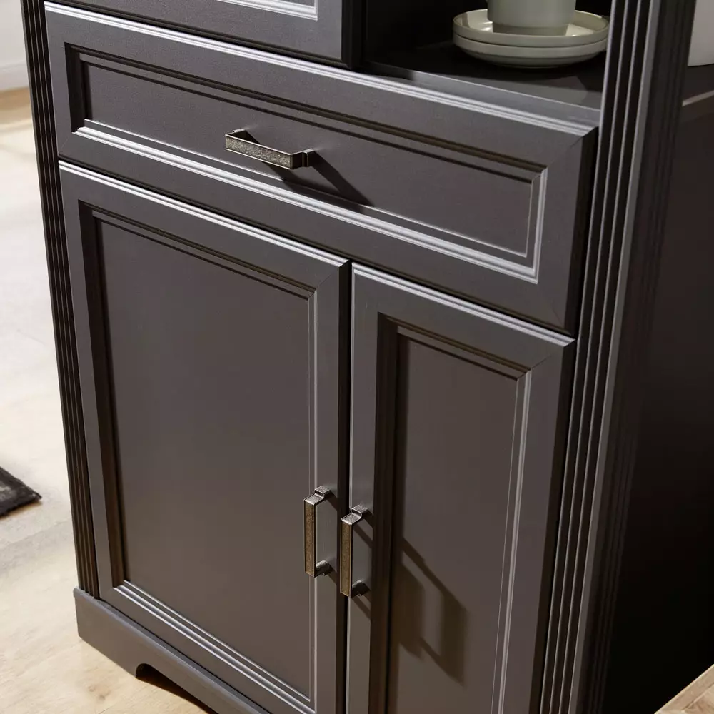 Lomadox Großes Landhaus Highboard JÜLICH-36 im Dekor Graphit und Deckplatte Artisan Eiche Nb. inkl. LED B/H/T: 143/150/42 cm VIP-Rabatte