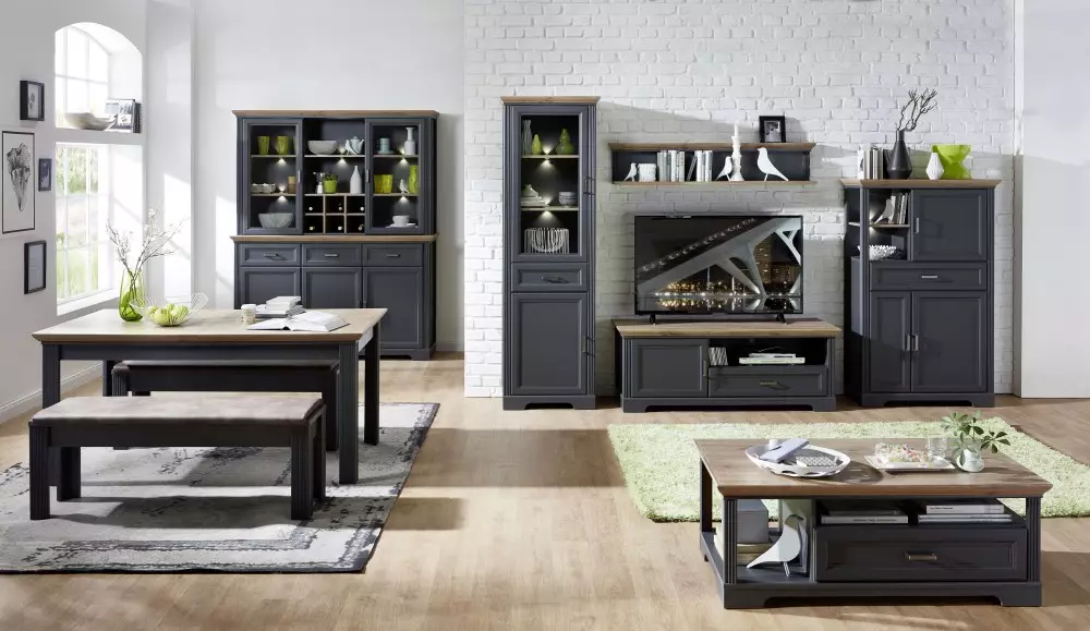 Lomadox Großes Landhaus Highboard JÜLICH-36 im Dekor Graphit und Deckplatte Artisan Eiche Nb. inkl. LED B/H/T: 143/150/42 cm VIP-Rabatte