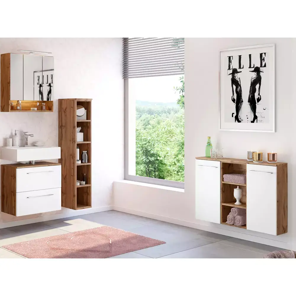 Lomadox Badmöbel Serie LOUNY-03 in Wotaneiche Nb. mit matt weiß - selbst zusammenstellen Bis zu 60% Rabatt