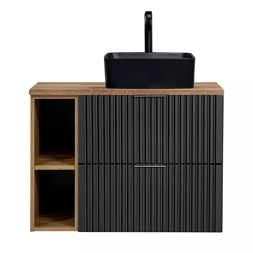 Lomadox Badezimmermöbel Serie ADELAIDE-56-BLACK in matt schwarz mit Eiche Nb., Fronten gerillt - selbst zusammenstellen Super Rabatt