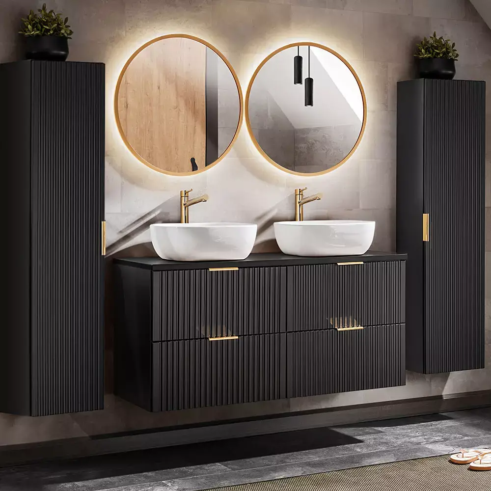 Lomadox Badezimmermöbel Serie ADELAIDE-56-BLACK in matt schwarz mit Eiche Nb., Fronten gerillt - selbst zusammenstellen Super Rabatt