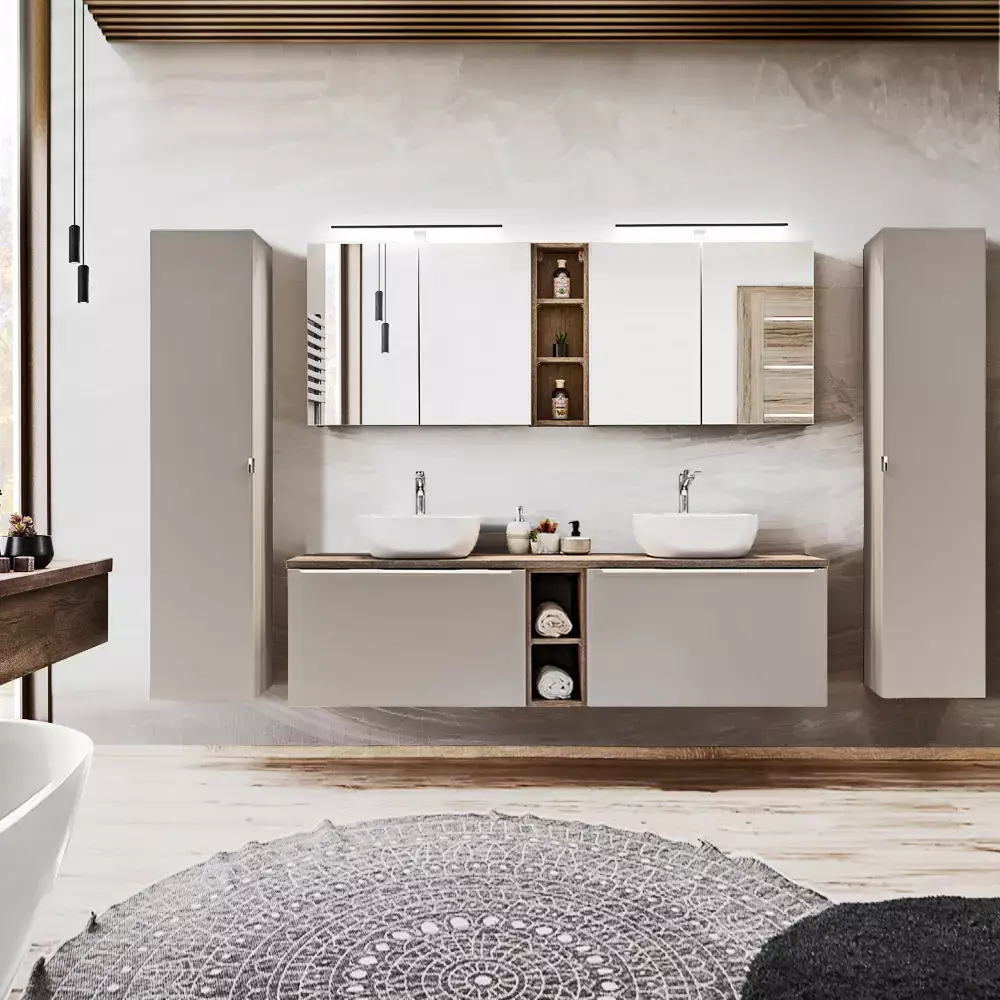 Lomadox Badmöbel Serie PUEBLA-56-TAUPE in taupe mit Vintage Eiche - selbst zusammenstellen