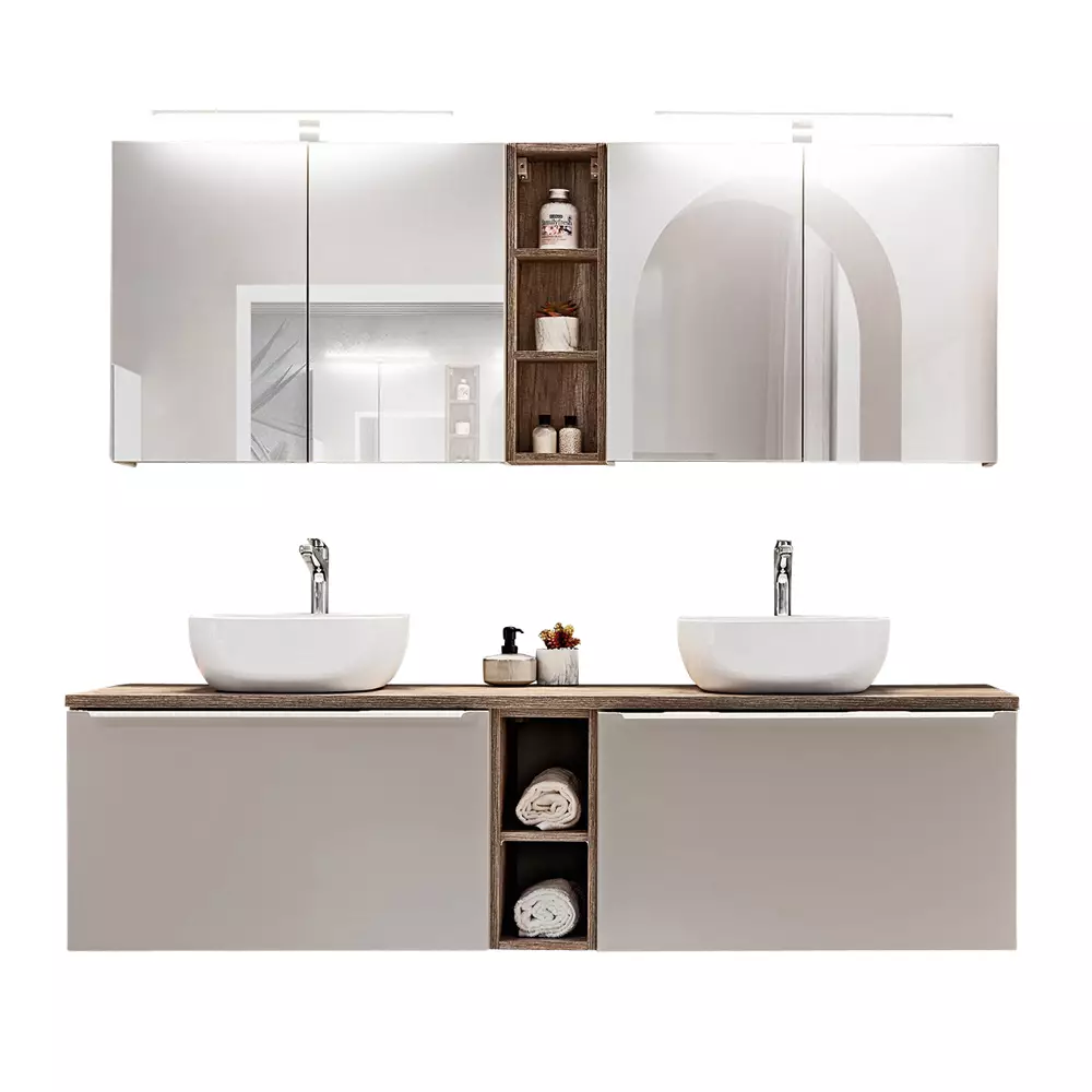 Lomadox Badmöbel Serie PUEBLA-56-TAUPE in taupe mit Vintage Eiche - selbst zusammenstellen 50% Rabatt mit kostenlosem Versand