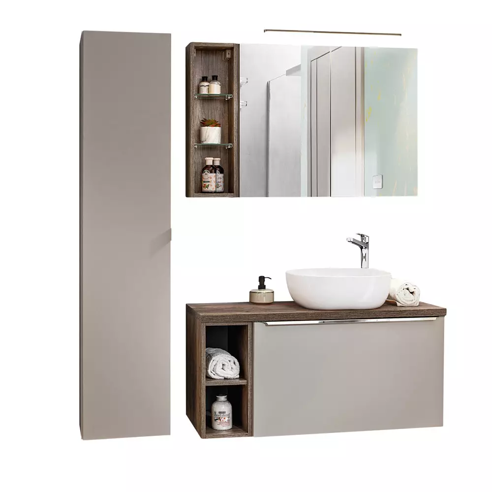 Lomadox Badmöbel Serie PUEBLA-56-TAUPE in taupe mit Vintage Eiche - selbst zusammenstellen 50% Rabatt mit kostenlosem Versand